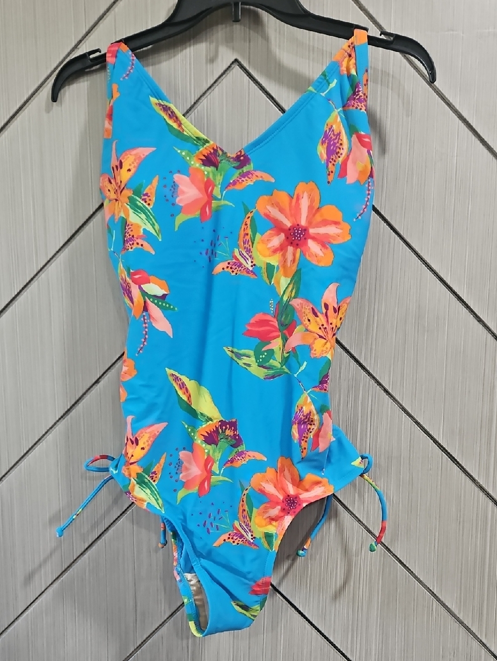 Floral Bright Blue One-Piece Swimsuit with Side Ties